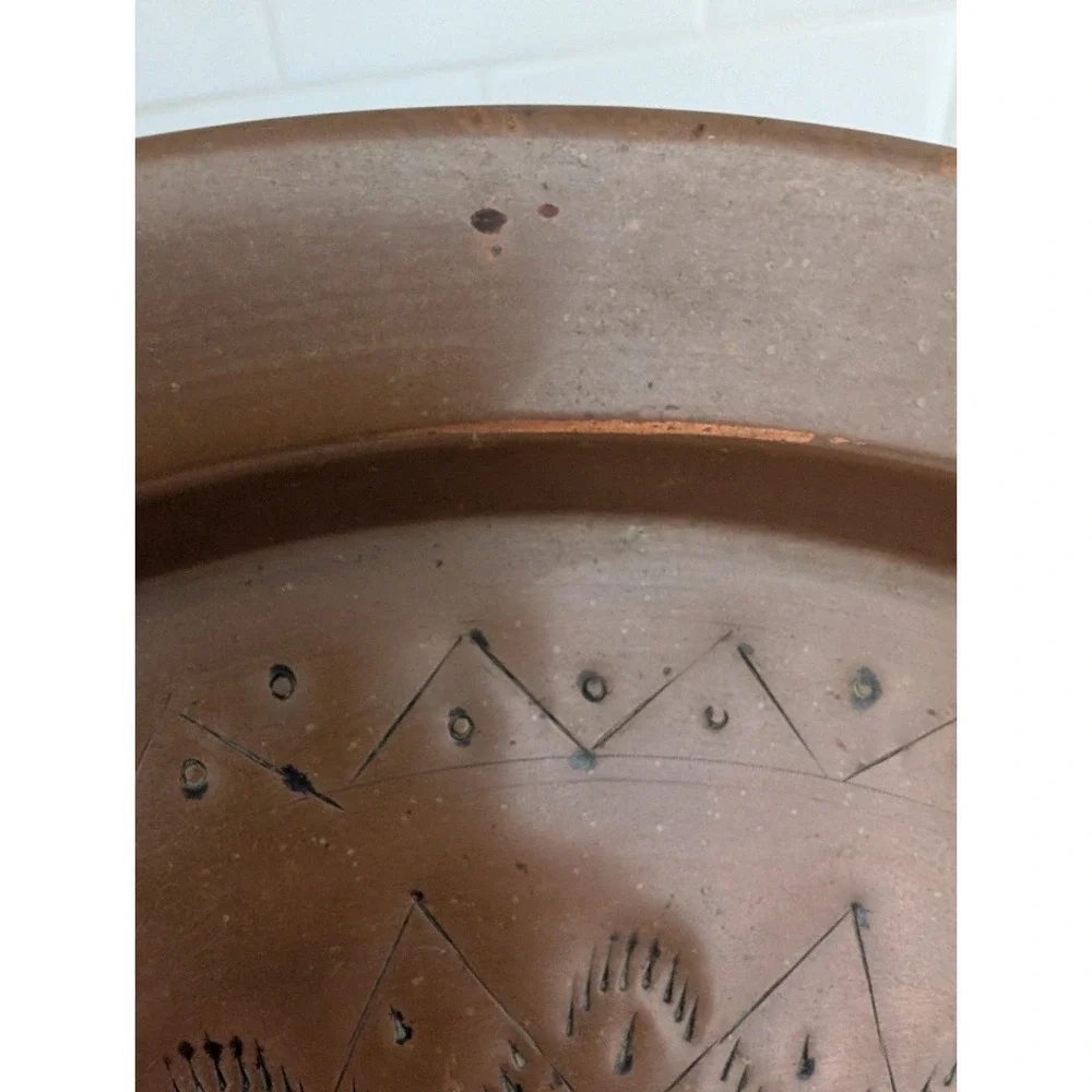 Vintage Hand Hammered Solid Copper Charger Geometric Design 12